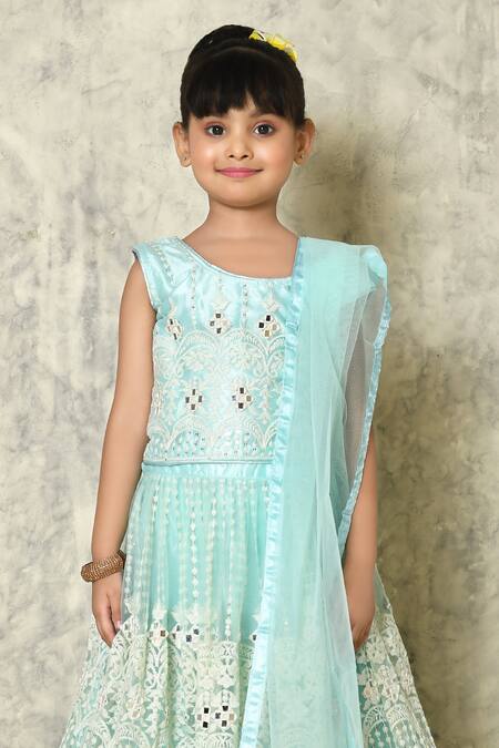 Petite Pomme_Sky Blue Net Mirrors, Embroidery Bageecha Pattern Lehenga Set_Online_at_Aza_Fashions