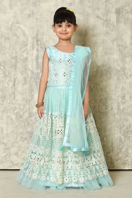 Buy_Petite Pomme_Sky Blue Net Mirrors, Embroidery Bageecha Pattern Lehenga Set_Online_at_Aza_Fashions