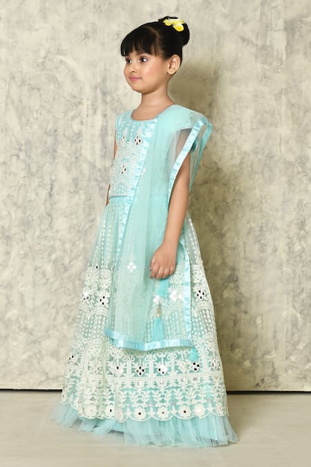 Shop_Petite Pomme_Sky Blue Net Mirrors, Embroidery Bageecha Pattern Lehenga Set_Online_at_Aza_Fashions
