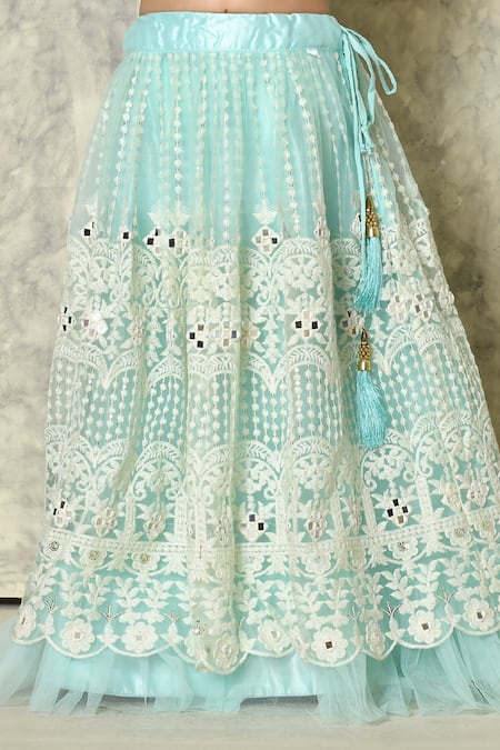 Petite Pomme_Sky Blue Net Mirrors, Embroidery Bageecha Pattern Lehenga Set_at_Aza_Fashions