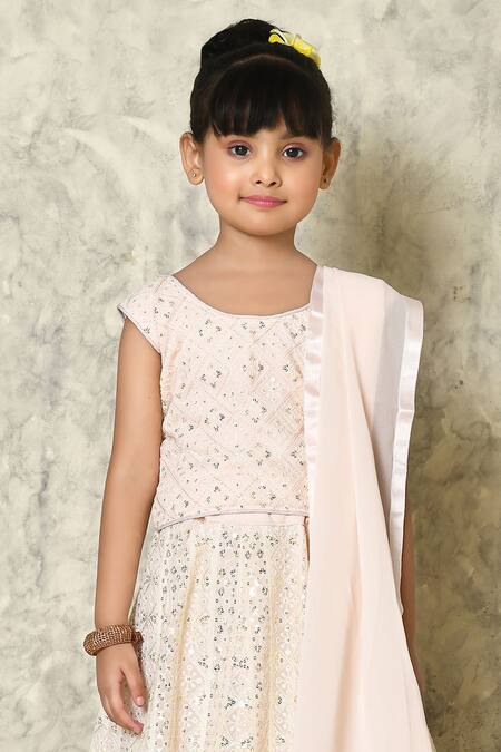 Petite Pomme_Pink Faux Leather Sequins, Tassels Pastel Chikan Embroidered Lehenga Set_Online_at_Aza_Fashions