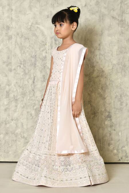 Shop_Petite Pomme_Pink Faux Leather Sequins, Tassels Pastel Chikan Embroidered Lehenga Set_Online_at_Aza_Fashions