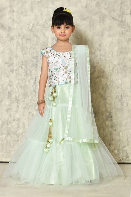 Buy_Petite Pomme_White Silk, Net Sequins, Embroidery, Tassels Embellished Blouse Lehenga Set_Online_at_Aza_Fashions