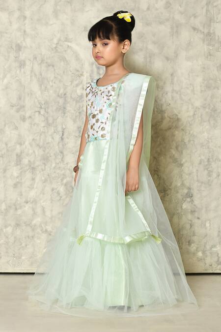 Shop_Petite Pomme_White Silk, Net Sequins, Embroidery, Tassels Embellished Blouse Lehenga Set_Online_at_Aza_Fashions