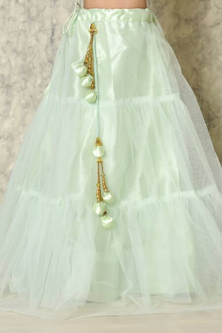 Petite Pomme_White Silk, Net Sequins, Embroidery, Tassels Embellished Blouse Lehenga Set_at_Aza_Fashions