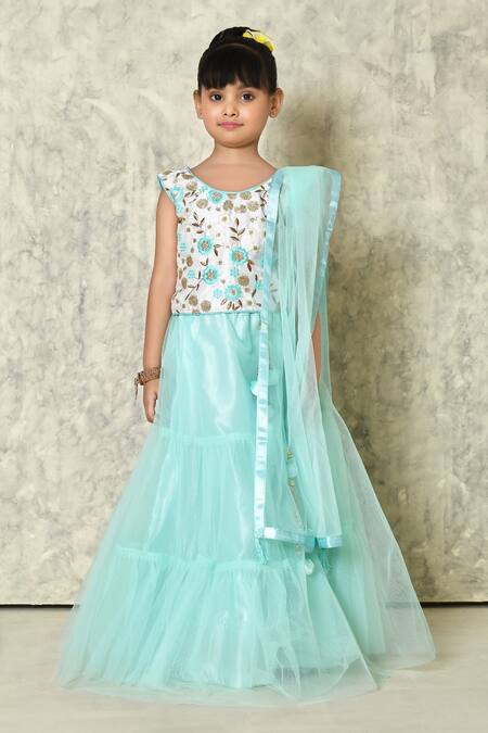 Buy_Petite Pomme_White Silk, Net Sequins, Embroidery, Tassels Blossom Blouse Lehenga Set_Online_at_Aza_Fashions