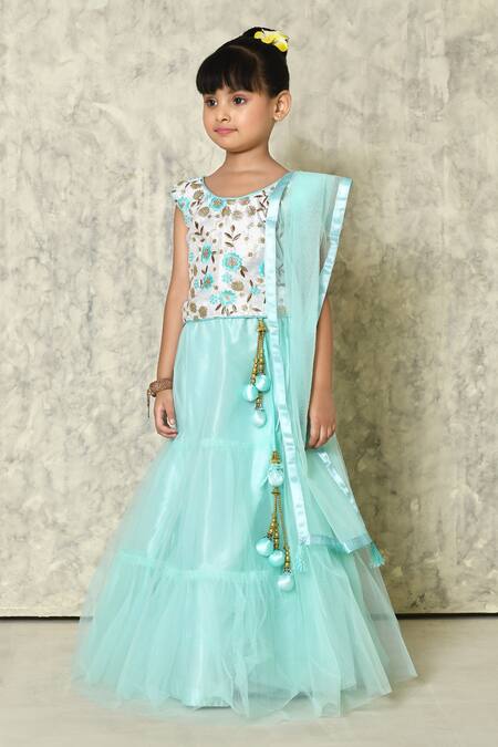 Shop_Petite Pomme_White Silk, Net Sequins, Embroidery, Tassels Blossom Blouse Lehenga Set_Online_at_Aza_Fashions