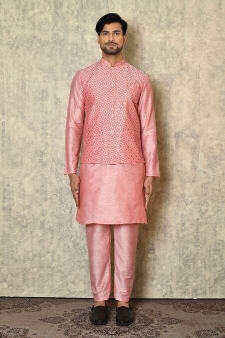 Arihant Rai Sinha_Pink Cotton, Silk Embroidery Leaf Print Bundi_Online_at_Aza_Fashions