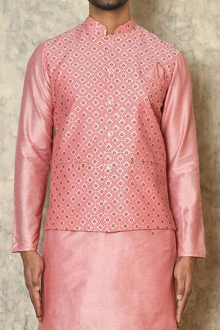 Arihant Rai Sinha_Pink Cotton, Silk Embroidery Leaf Print Bundi_at_Aza_Fashions