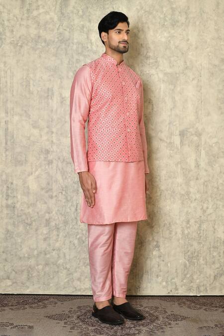 Shop_Arihant Rai Sinha_Pink Cotton, Silk Embroidery Leaf Print Bundi_Online_at_Aza_Fashions