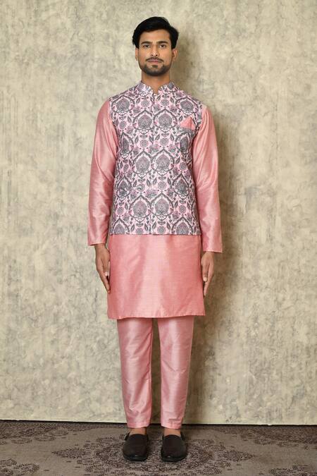 Samyukta Singhania_Pink Cotton, Silk Patchwork Mughal Print Bundi Set_at_Aza_Fashions