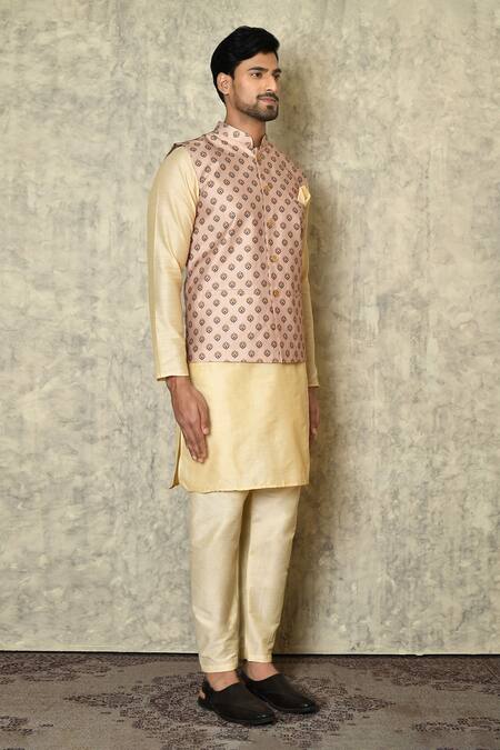 Shop_Samyukta Singhania_Peach Cotton Embroidery Lotus Print Bundi_Online_at_Aza_Fashions