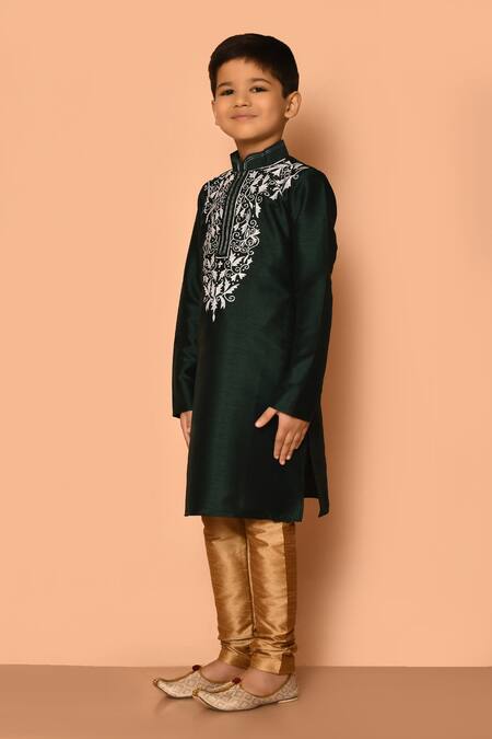 Shop Petite Pomme Green Silk Embroidery Straight Kurta And Churidar Set Online at Aza Fashions Shop_Petite Pomme_Green Silk Embroidery Straight Kurta And Churidar Set _Online_at_Aza_Fashions