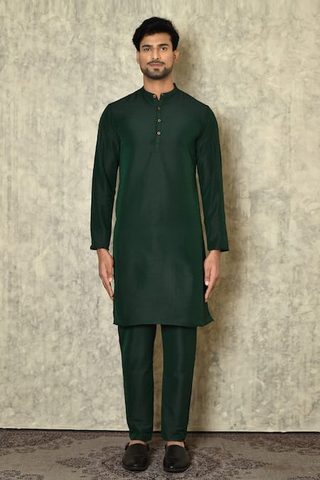 Arihant Rai Sinha_Green Cotton, Silk Button Down Kurta _Online_at_Aza_Fashions