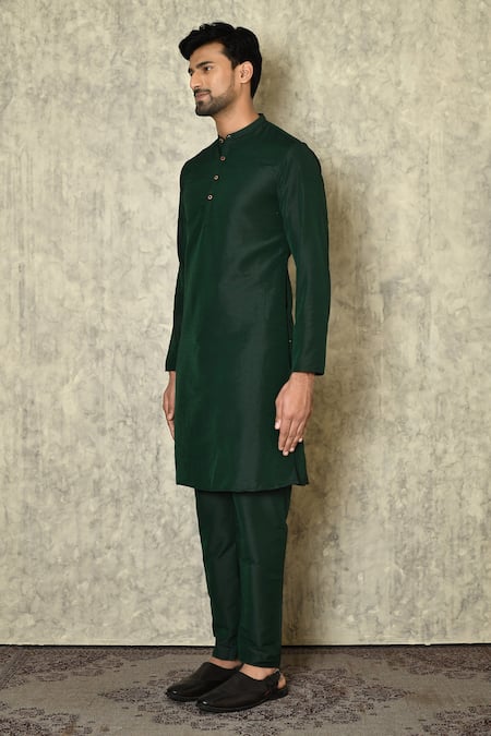 Buy_Arihant Rai Sinha_Green Cotton, Silk Button Down Kurta _Online_at_Aza_Fashions