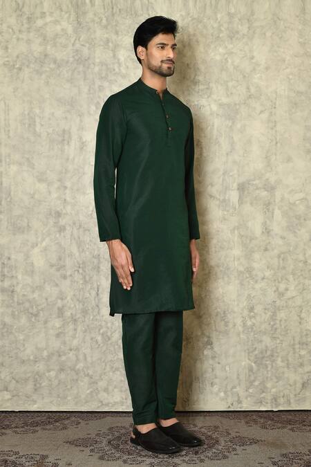 Shop_Arihant Rai Sinha_Green Cotton, Silk Button Down Kurta _Online_at_Aza_Fashions