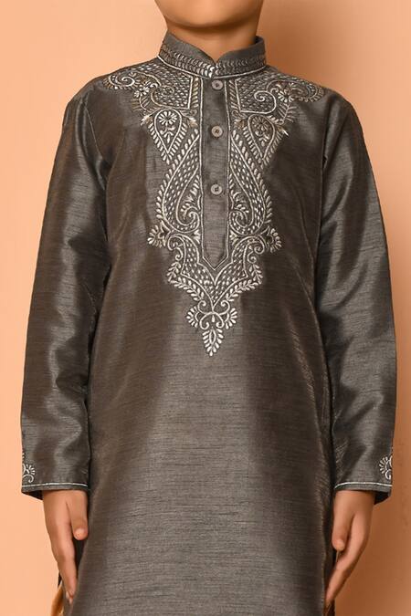 Petite Pomme Grey Silk Embroidery Botanic Pattern Kurta And Patiala Pant Set at Aza Fashions Petite Pomme_Grey Silk Embroidery Botanic Pattern Kurta And Patiala Pant Set _at_Aza_Fashions