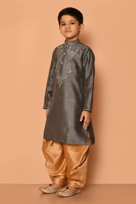 Shop Petite Pomme Grey Silk Embroidery Botanic Pattern Kurta And Patiala Pant Set Online at Aza Fashions Shop_Petite Pomme_Grey Silk Embroidery Botanic Pattern Kurta And Patiala Pant Set _Online_at_Aza_Fashions