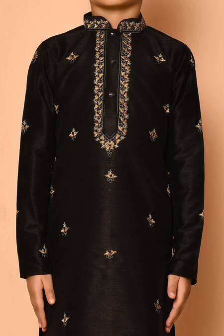 Buy Petite Pomme Black Silk Embroidery Flora Pattern Kurta And Gold Churidar Set Online at Aza Fashions Buy_Petite Pomme_Black Silk Embroidery Flora Pattern Kurta And Gold Churidar Set _Online_at_Aza_Fashions