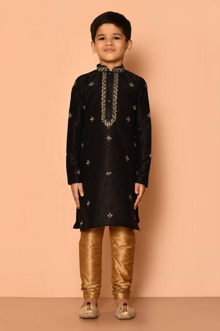 Shop Petite Pomme Black Silk Embroidery Flora Pattern Kurta And Gold Churidar Set Online at Aza Fashions Shop_Petite Pomme_Black Silk Embroidery Flora Pattern Kurta And Gold Churidar Set _Online_at_Aza_Fashions