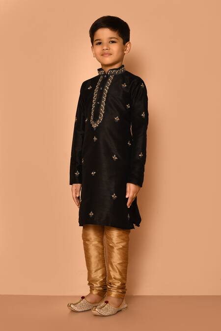 Petite Pomme Black Silk Embroidery Flora Pattern Kurta And Gold Churidar Set at Aza Fashions Petite Pomme_Black Silk Embroidery Flora Pattern Kurta And Gold Churidar Set _at_Aza_Fashions