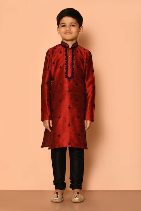 Shop Petite Pomme Maroon Silk Embroidery Floral Kurta And Churidar Set Online at Aza Fashions Shop_Petite Pomme_Maroon Silk Embroidery Floral Kurta And Churidar Set _Online_at_Aza_Fashions