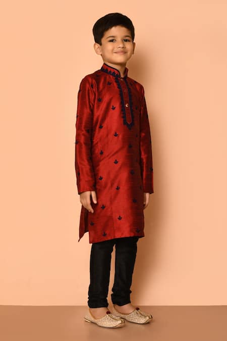 Petite Pomme Maroon Silk Embroidery Floral Kurta And Churidar Set at Aza Fashions Petite Pomme_Maroon Silk Embroidery Floral Kurta And Churidar Set _at_Aza_Fashions