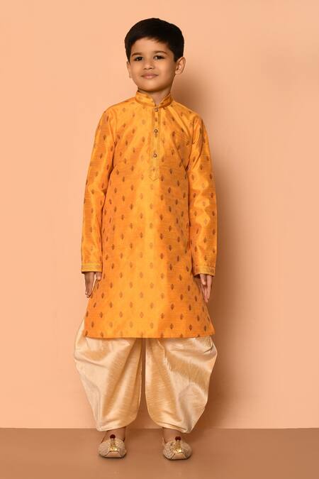 Aryavir Malhotra_Orange Silk Floral Pattern Bright Straight Kurta And Patiala Pant Set_Online_at_Aza_Fashions