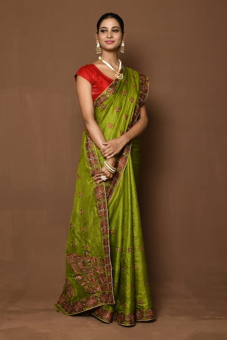 Buy_Samyukta Singhania_Green Tussar Embroidery Floral Pattern Saree _Online_at_Aza_Fashions