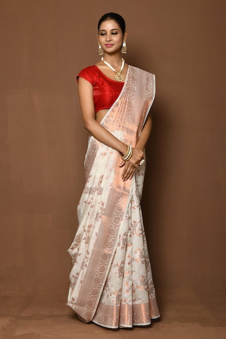Buy_Samyukta Singhania_White Silk Embroidery Floral Bloom Saree _Online_at_Aza_Fashions