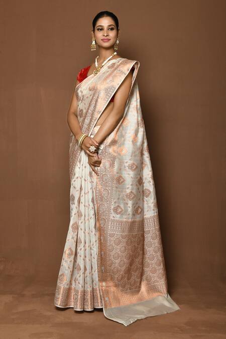 Shop_Samyukta Singhania_White Silk Embroidery Floral Vine Border Saree _Online_at_Aza_Fashions