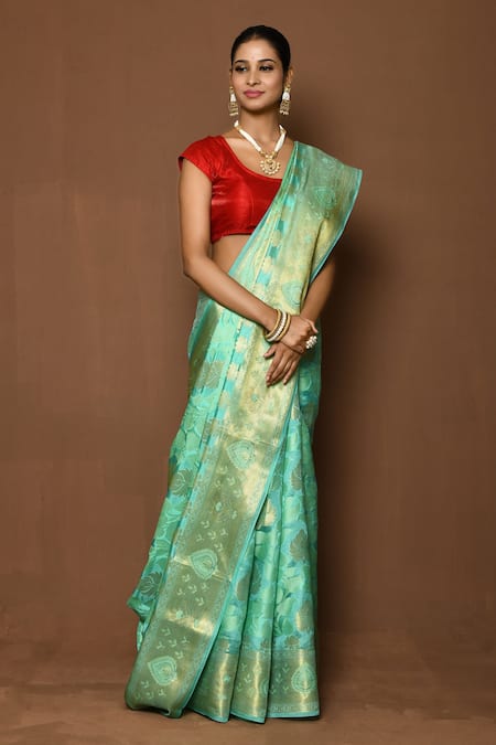 Buy_Samyukta Singhania_Green Silk Woven Foliage Pattern Saree _Online_at_Aza_Fashions