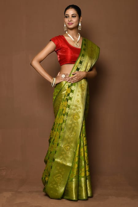 Buy_Samyukta Singhania_Green Silk Botanic Pattern Saree _Online_at_Aza_Fashions