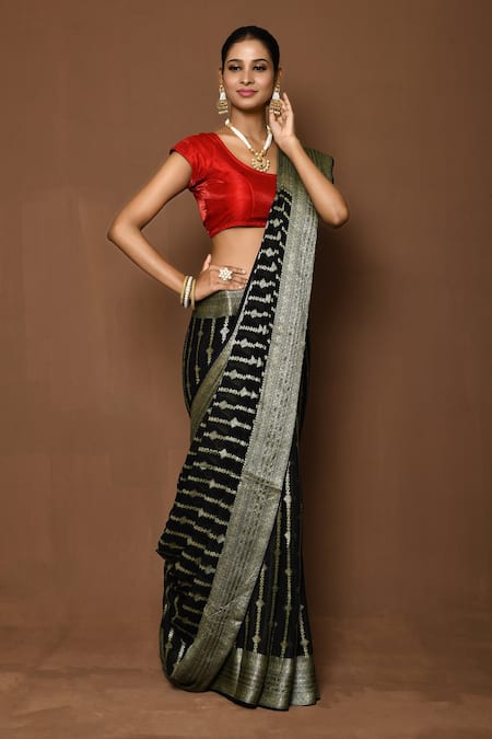 Shop_Samyukta Singhania_Black Georgette Stiped Woven Saree _Online_at_Aza_Fashions
