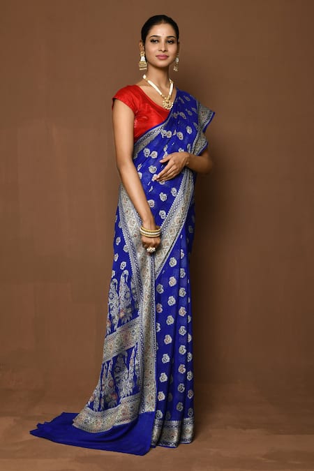 Shop_Samyukta Singhania_Blue Georgette Paisley Scatter Woven Saree _Online_at_Aza_Fashions