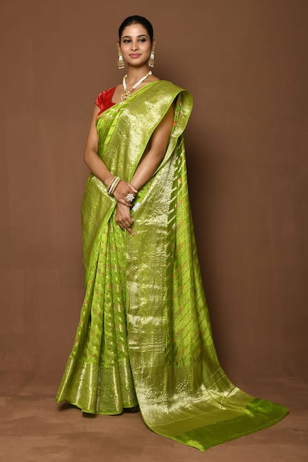 Buy_Samyukta Singhania_Green Silk Embroidery Striped Floral Pattern Saree _Online_at_Aza_Fashions