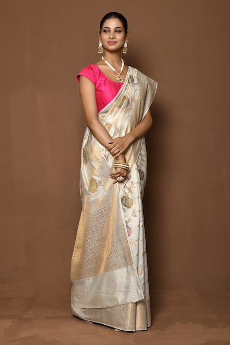 Shop_Samyukta Singhania_White Silk Embroidery Rose Bloom Saree _Online_at_Aza_Fashions