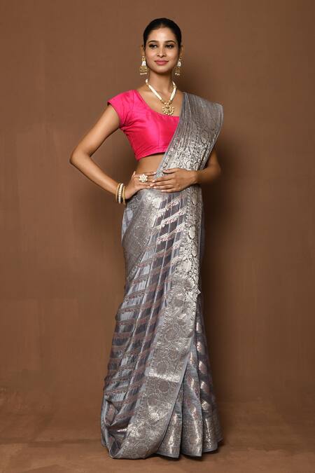 Buy_Samyukta Singhania_Grey Silk Embroidery Heart Patterned Pallu Woven Saree _Online_at_Aza_Fashions