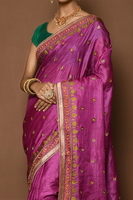 Shop_Samyukta Singhania_Pink Tussar Embroidery Paisley Swirl Pallu Saree _Online_at_Aza_Fashions