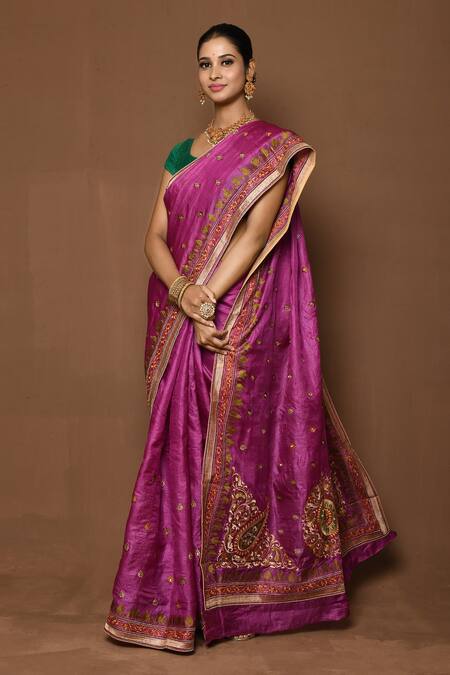 Buy_Samyukta Singhania_Pink Tussar Embroidery Paisley Swirl Pallu Saree _Online_at_Aza_Fashions