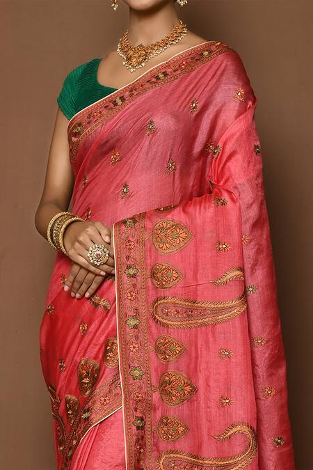 Shop Samyukta Singhania Pink Tussar Embroidery Pinang Leaf Pattern Saree Online at Aza Fashions Shop_Samyukta Singhania_Pink Tussar Embroidery Pinang Leaf Pattern Saree_Online_at_Aza_Fashions