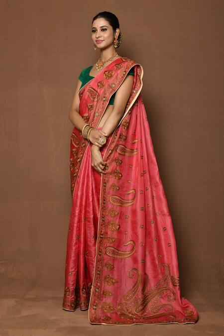 Buy_Samyukta Singhania_Pink Tussar Embroidery Pinang Leaf Pattern Saree_Online_at_Aza_Fashions