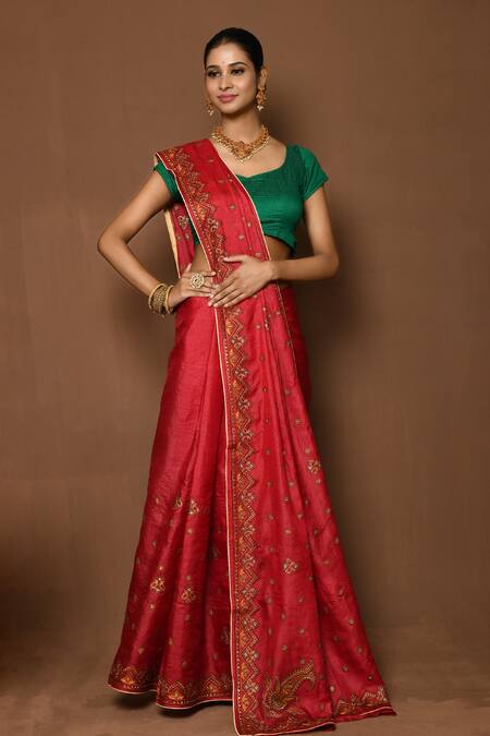 Buy_Samyukta Singhania_Pink Tussar Embroidery Paisley Pattern Saree _Online_at_Aza_Fashions