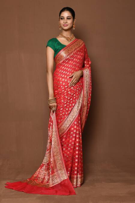 Buy_Samyukta Singhania_Red Georgette Embroidery Woven Floral Scatter Saree _Online_at_Aza_Fashions
