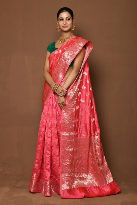 Buy_Samyukta Singhania_Pink Silk Embroidery Scattered Floral Patterned Saree _Online_at_Aza_Fashions