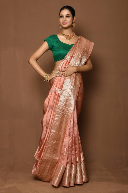 Buy_Samyukta Singhania_Peach Silk Embroidery Blooming Rosette Border Saree _Online_at_Aza_Fashions