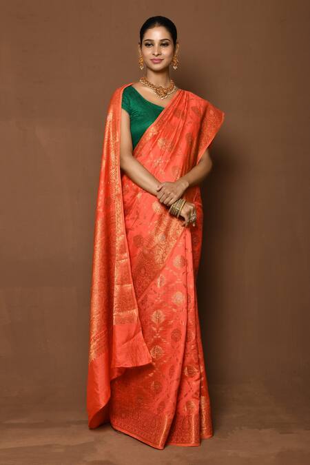 Buy_Samyukta Singhania_Orange Silk Embroidery Floral Jaal Woven Saree _Online_at_Aza_Fashions