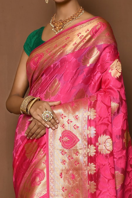 Buy Samyukta Singhania Pink Silk Embroidery Lotus Lined Border Saree Online at Aza Fashions Buy_Samyukta Singhania_Pink Silk Embroidery Lotus Lined Border Saree _Online_at_Aza_Fashions