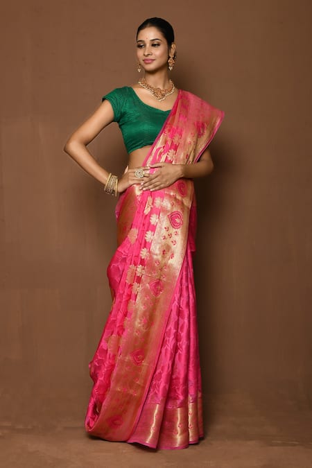 Shop_Samyukta Singhania_Pink Silk Embroidery Lotus Lined Border Saree _Online_at_Aza_Fashions