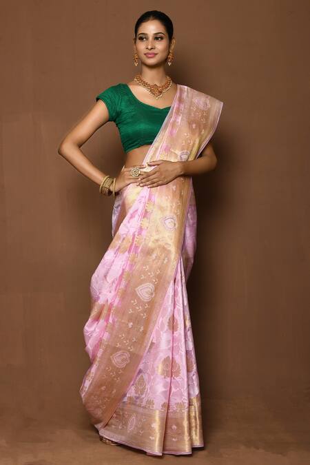Buy_Samyukta Singhania_Pink Silk Embroidery Floral Sprig Woven Saree _Online_at_Aza_Fashions